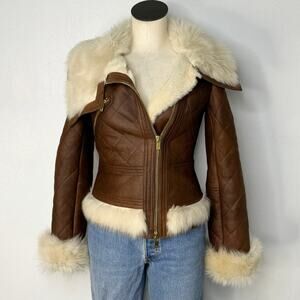 Michael Kors Collection Quilted Lamb Shearling Fur Moto Jacket Brown Size XS